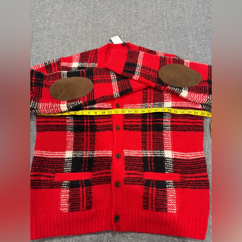 Ralph Lauren Suede-Patch Plaid Wool-Blend Cardigan | color: red combo | size: XL - Picture 4 of 8